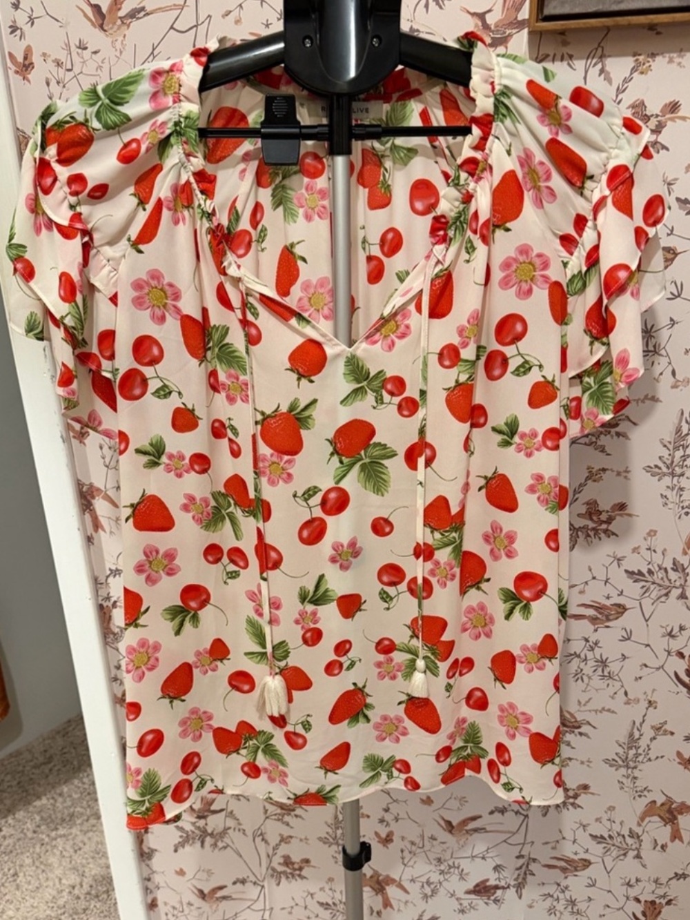 Rose & Olive Cream Strawberry Print Ruffle Sleeve Blouse